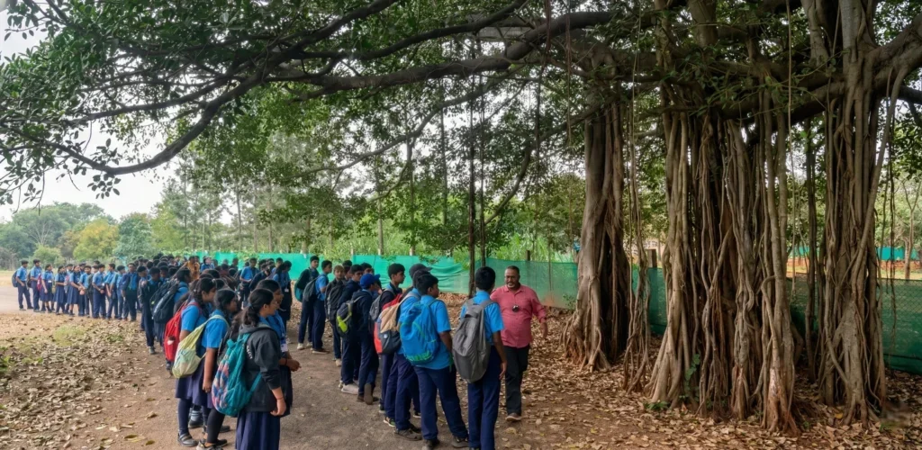 Person explianing the importance of Banyan tree to Children