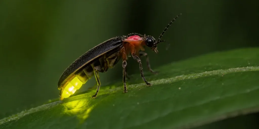 Close-up of a firefly glowing on a fern.