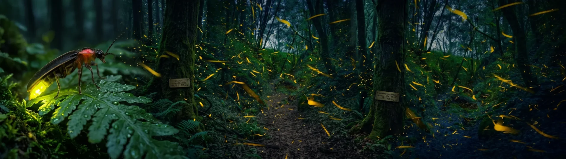 Wide forest trail illuminated by firefly trails.