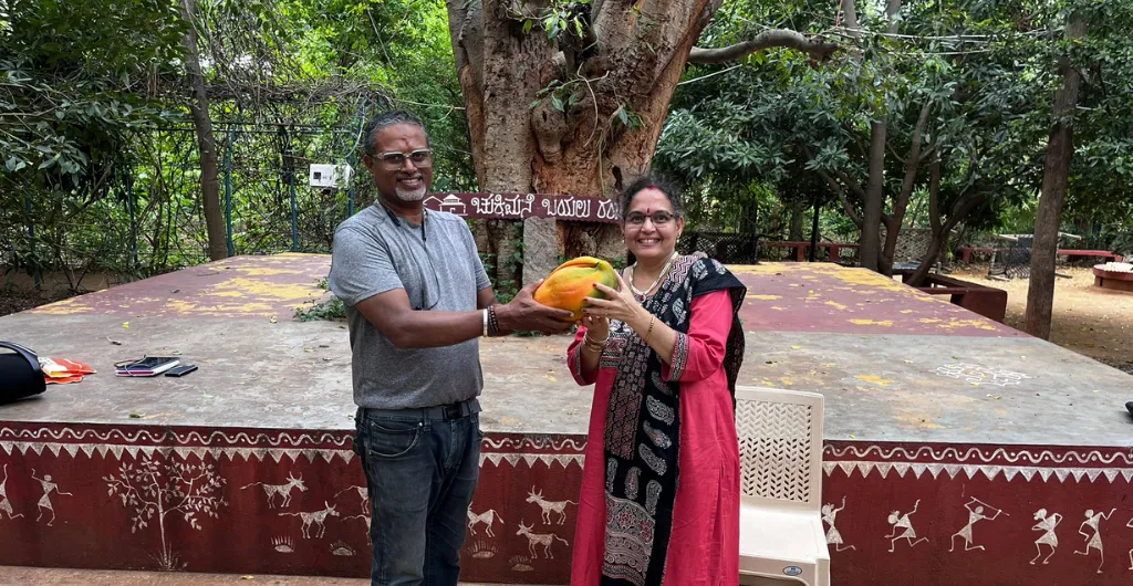 Guest welcomed with a farm-fresh papaya at ChukkiMane Guest welcomed with a farm-fresh papaya at ChukkiMane