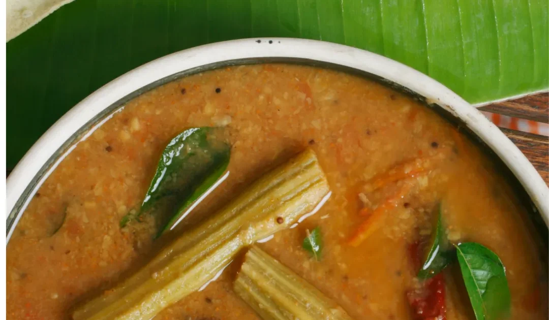 Sambar with rice on banana leaf