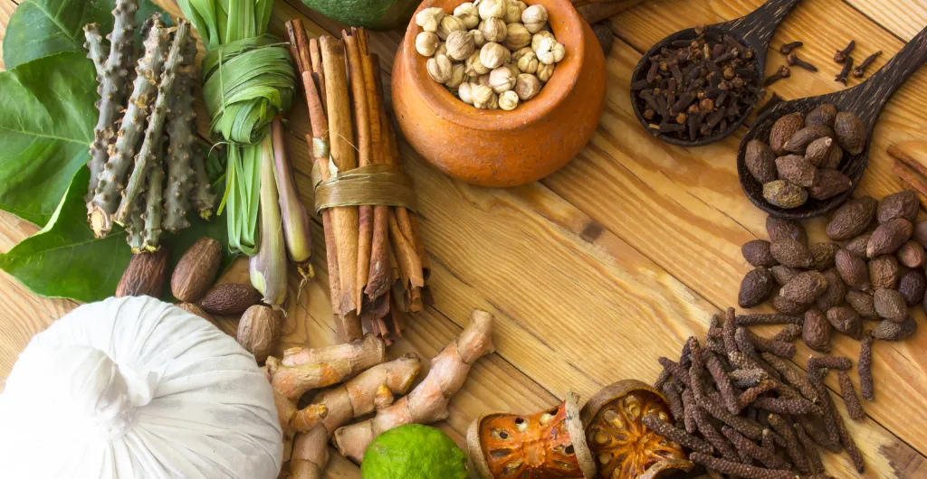 Traditional herbs and spices representing natural wellness and mindful living