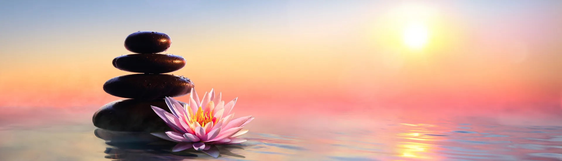 Zen meditation stones and lotus at sunset